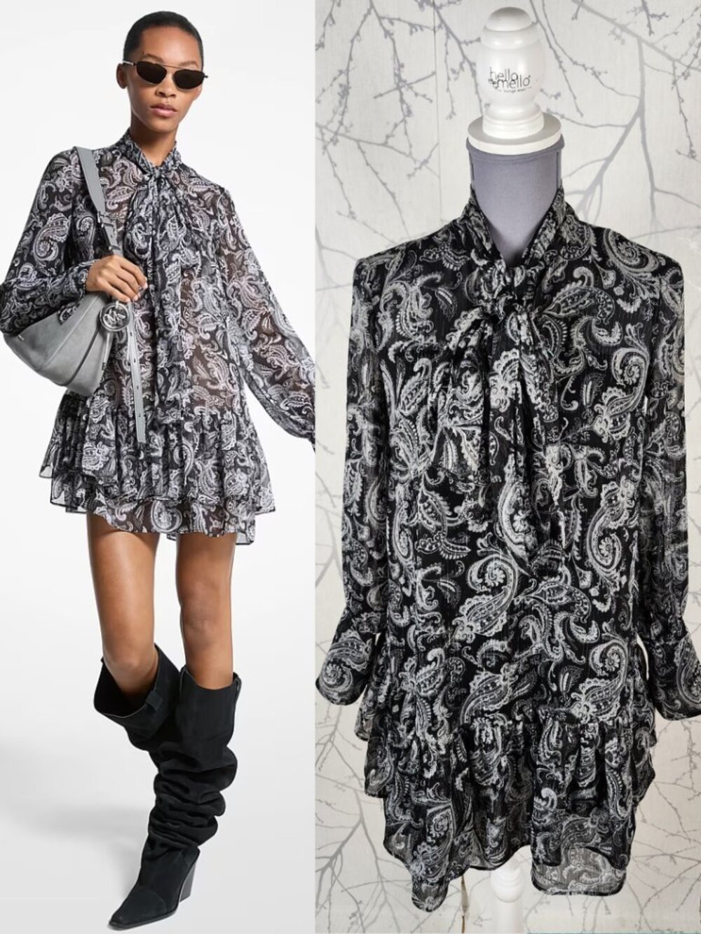 Michael Michael Kors Metallic Paisley Georgette Tie Neck Mini Dress